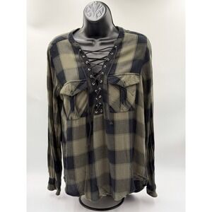Express Plaid Lace-Up‎ Long Sleeve Top Womens Small Olive Green Black Casual